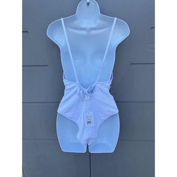 Andie Swim The Paloma White Ribbed One Piece Swimsuit Lace Back Square Neck Sz M - Picture 12 of 16